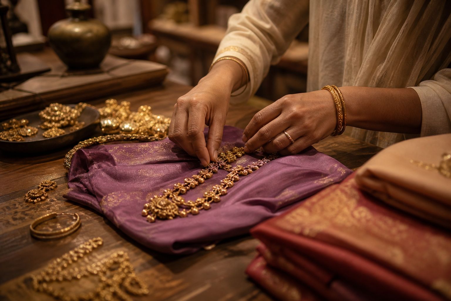 Artisan hands arranging jewellery and silk