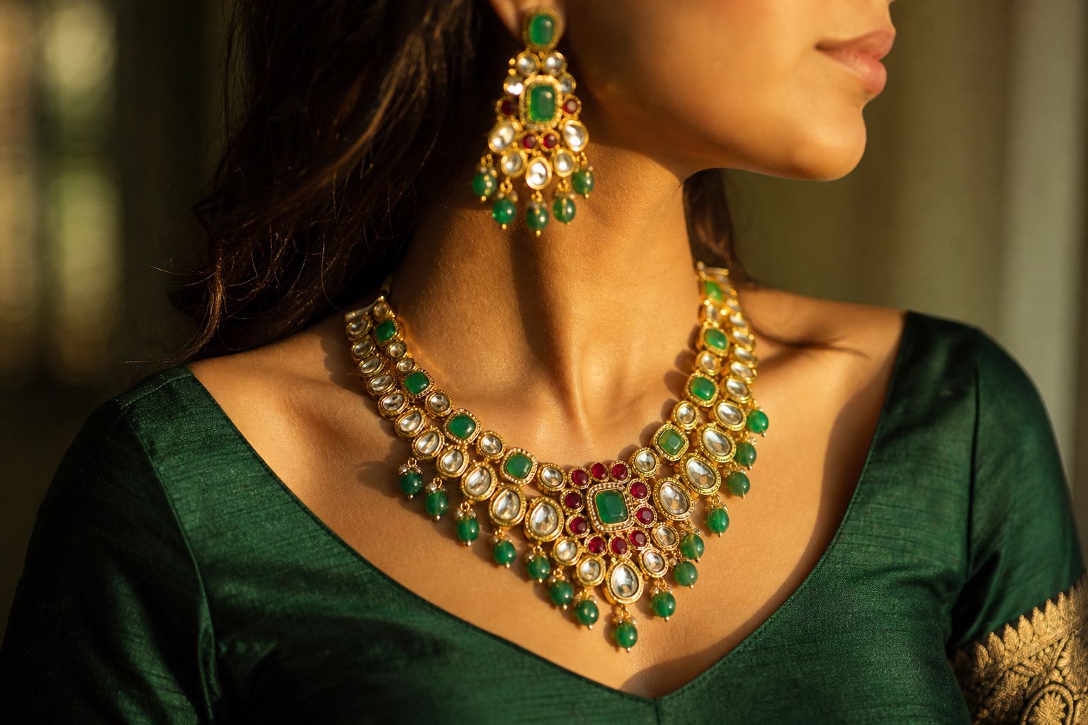 Close-up of a gold kundan necklace set
