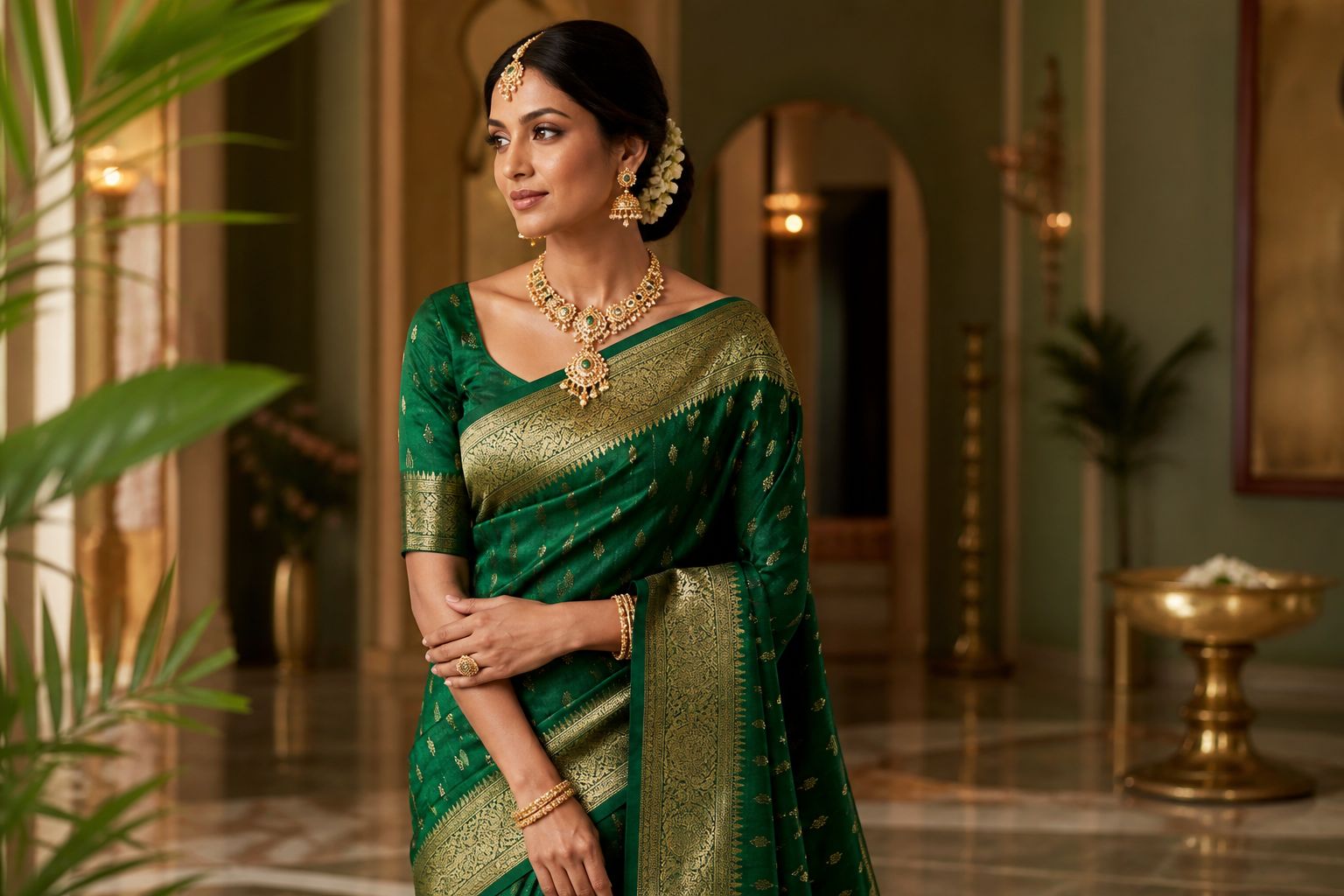 Woman in an emerald silk saree with gold kundan jewellery